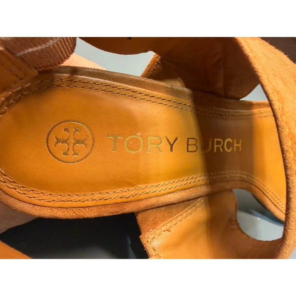 Tory Burch Tan Suede‎ Block Heel Slingback Sandals Gold Logo Buckle Womens 8M